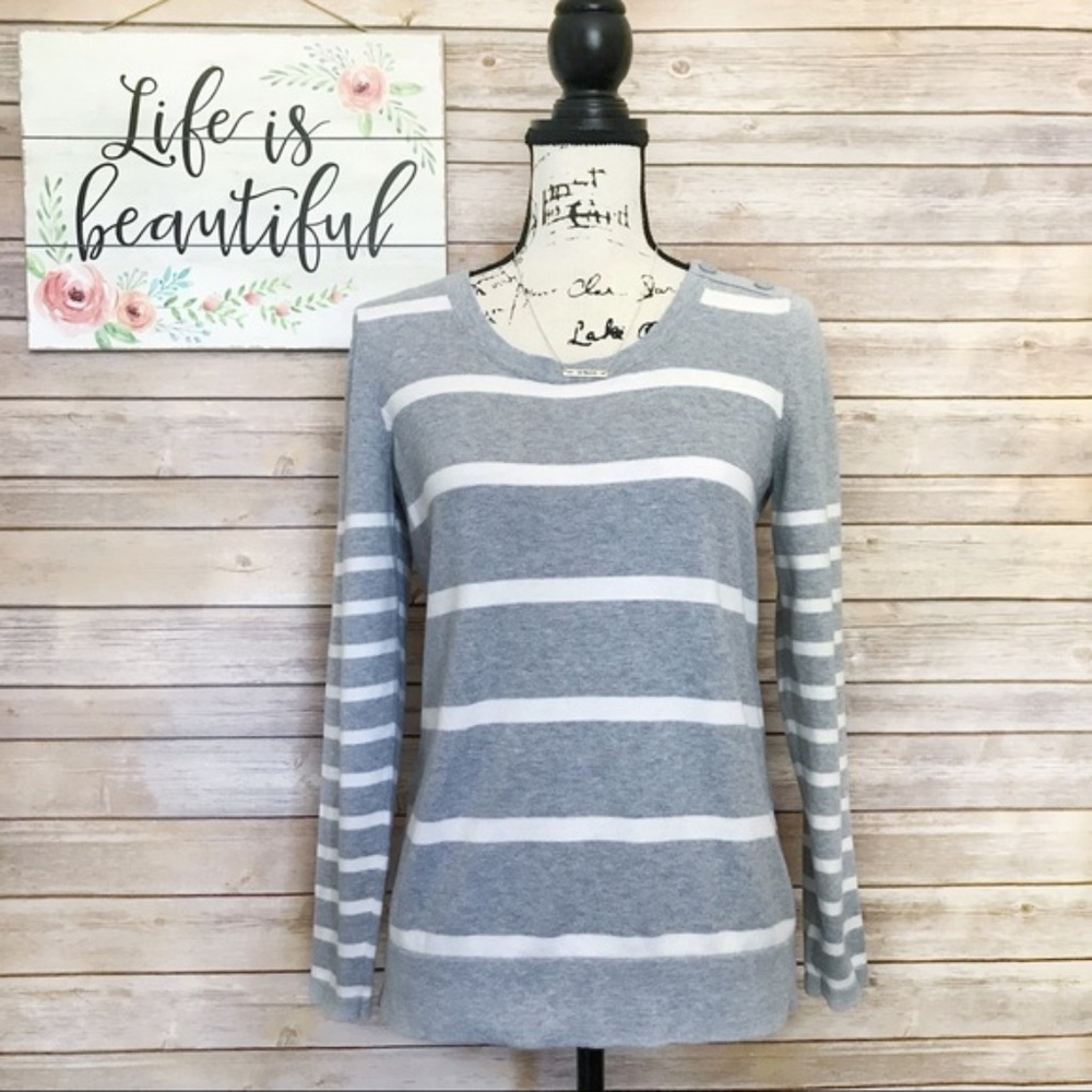 LOFT Gray & White Striped Crew Neck Sweater w/ Button Detail Medium